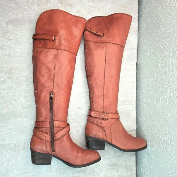 Vince Camuto Equestrian Boots 7.5 Brown Leather Knee High Studded Western Riding - Picture 5 of 14